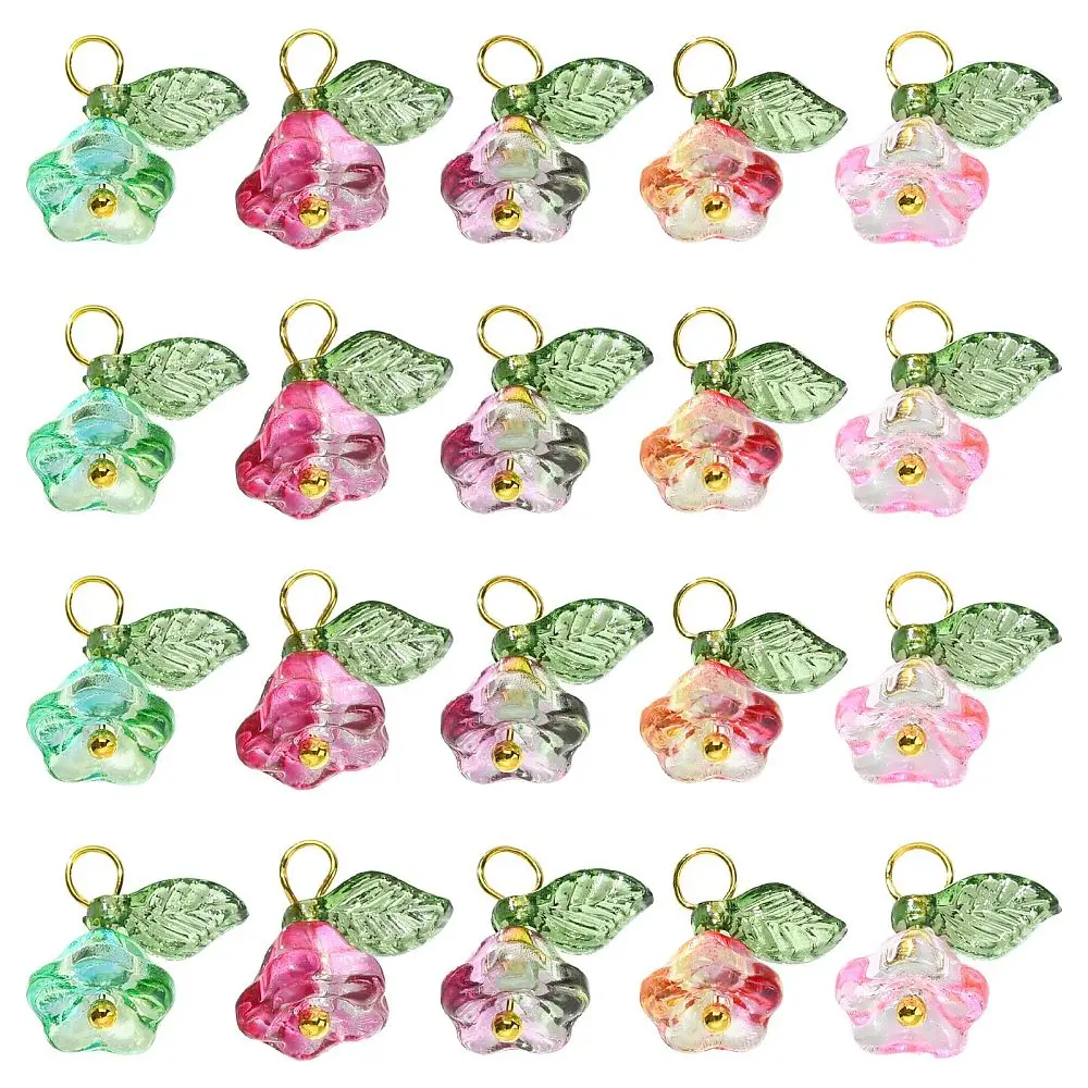 KitBeads 50pcs Transparent Flower Charms Glass Bellflower Pendants with Green Leaf for Jewelry Making Bracelet Necklace Earrings