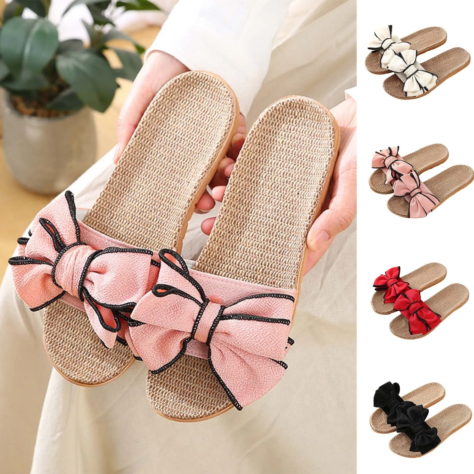 Women Summer Casual Slides Comfortable Flax Slippers Striped Bow Linen Flip Flops Platform Sandals Ladies Indoor Shoes Femme