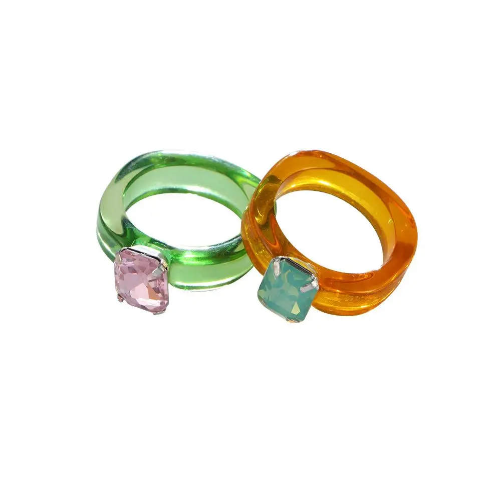 New Transparent Resin Acrylic Rhinestone Colourful Geometric Square Round Rings for Women Jewelry Party Gifts