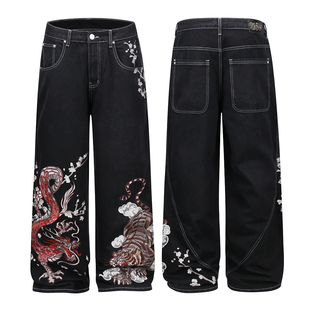 European New Trend Heavy Industry Embroidery Dragon Tiger Jeans Wash Water Workmanship Street Daily Trousers