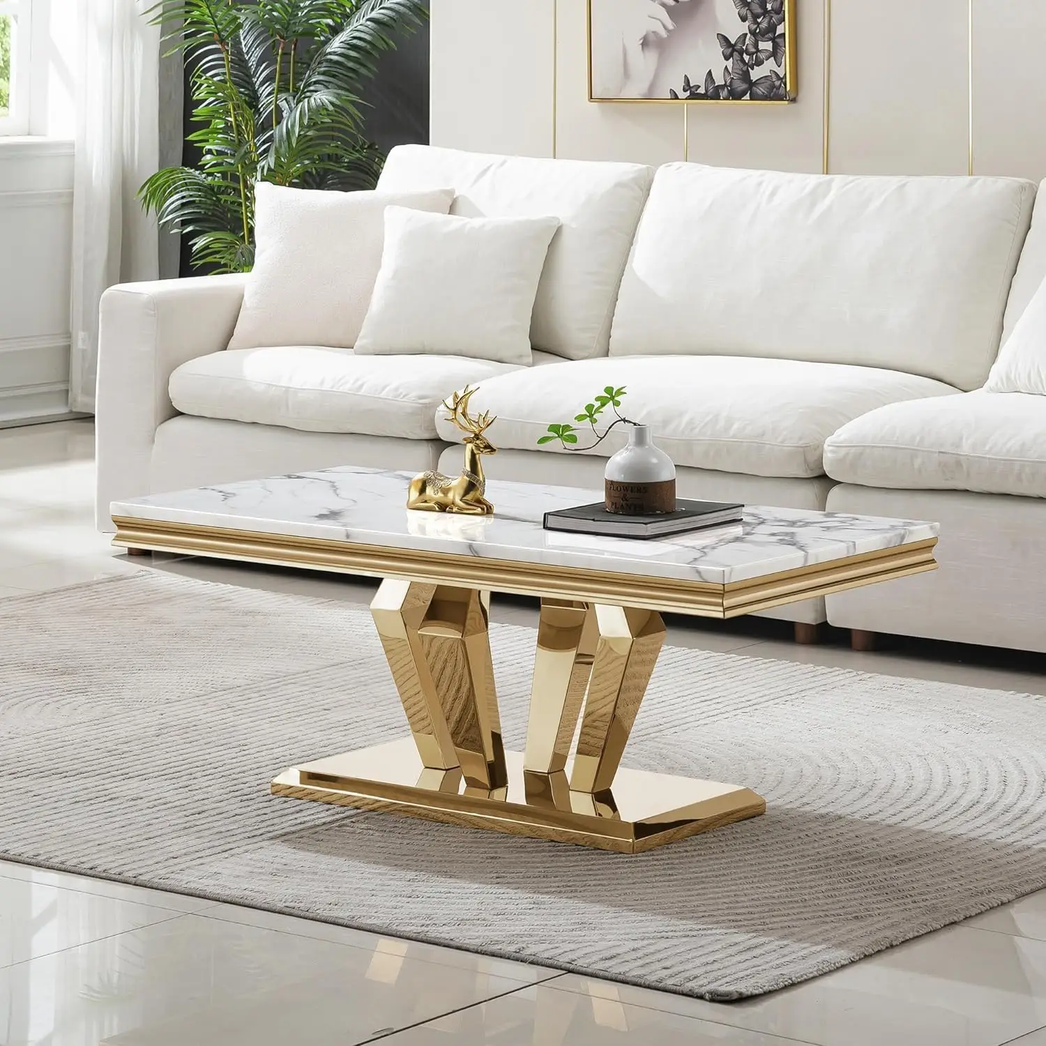 47 inch White Marble Coffee Table with Stainless Steel Diamond-Shaped Base, Rectangle Faux Marble Top Coffee Table Center Table