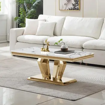 Image 47 inch White Marble Coffee Table with Stainless Steel Diamond-Shaped Base, Rectangle Faux Marble Top Coffee Table Center Table