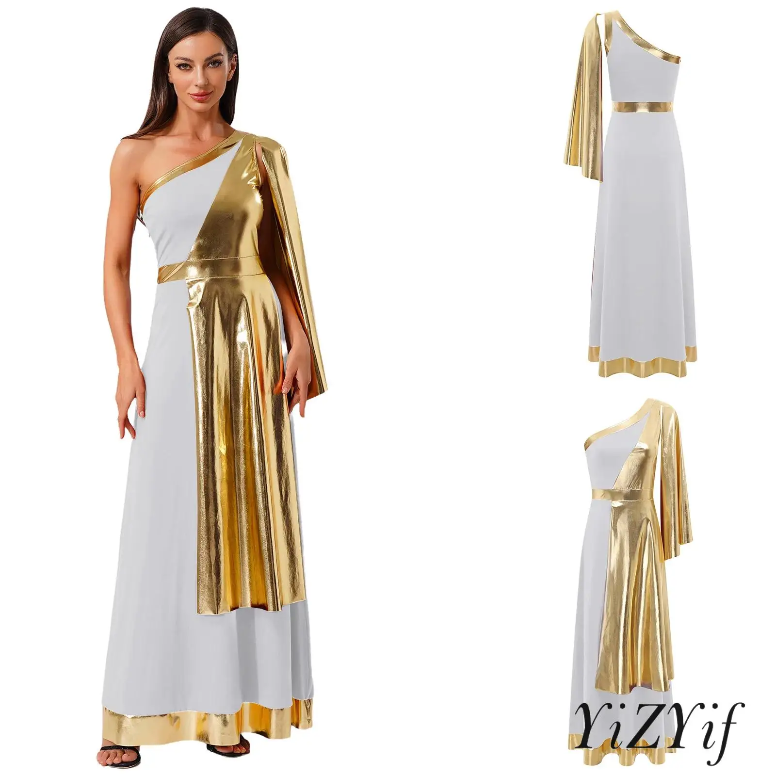 Vestido elegante de Halloween, túnica de belleza romana griega antigua, disfraz de fiesta, vestido de Toga de capa metálica con un hombro para mujer