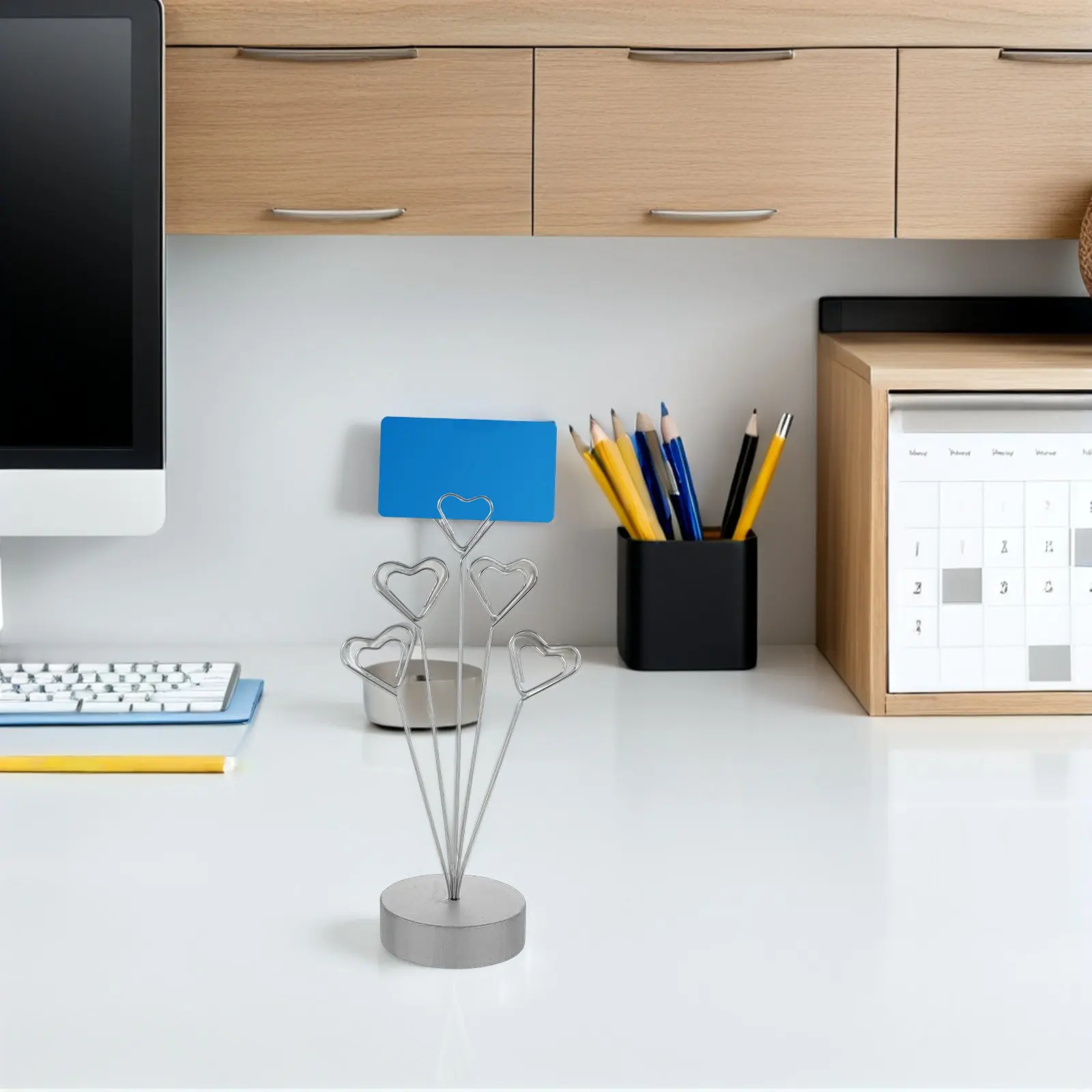 Heart Photo Holder Silver 5-Branch Desk Display Stable Round Base Memo Card Clip Organizer Office Home Desk Tree Stand