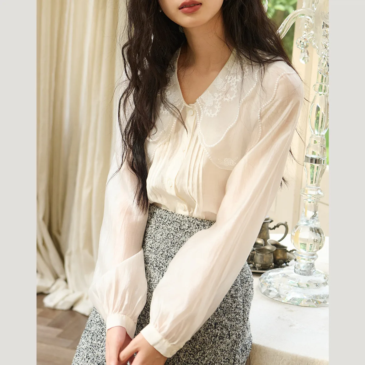 Spring and summer double-layer embroidered ruffled collar white shirt for women, versatile (semi-transparent)