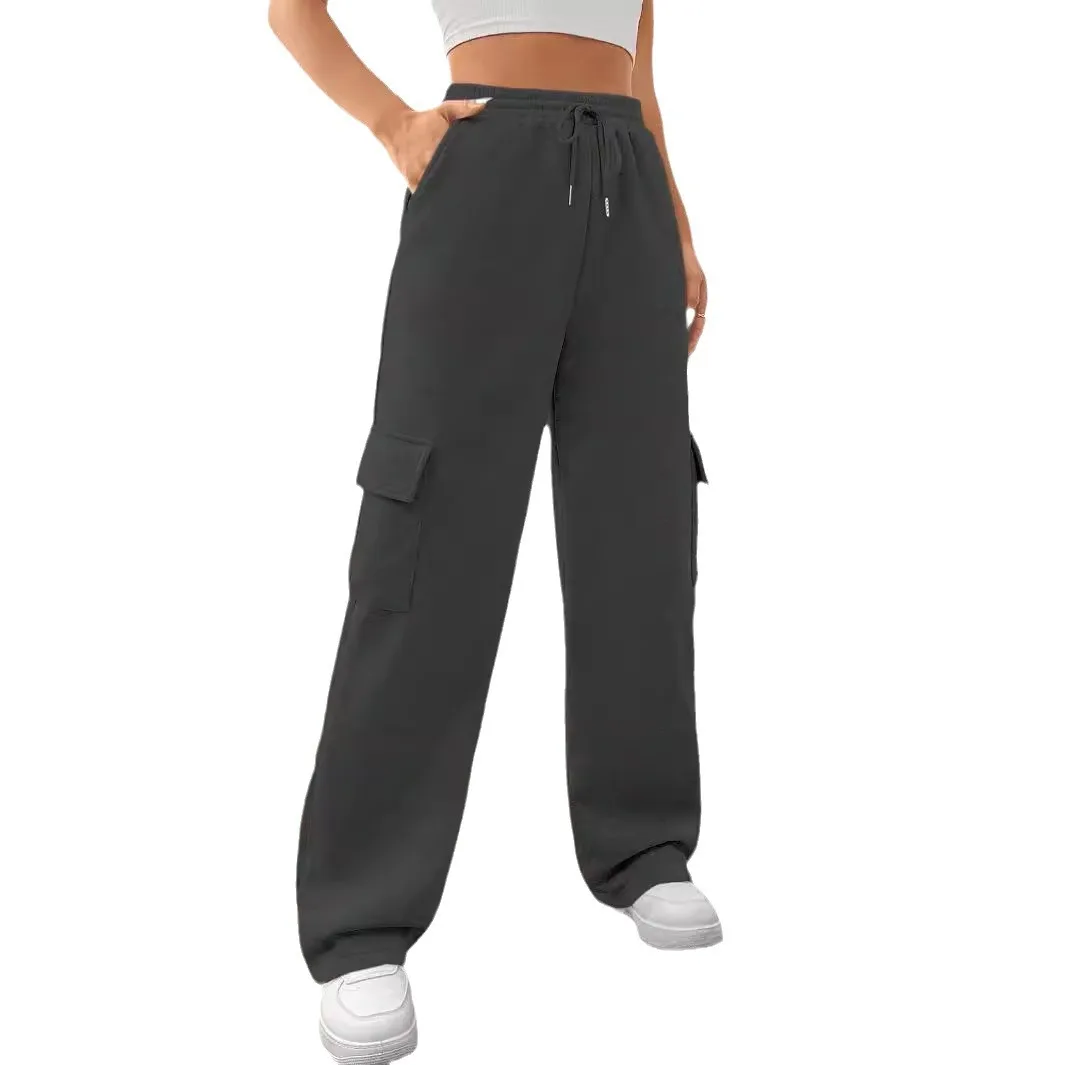 Autumn Winter Women's Solid Warm Sweatpants New Style Fashionable Side Pocket Versatile Sports Straight Wide Leg Sweatpants 2025