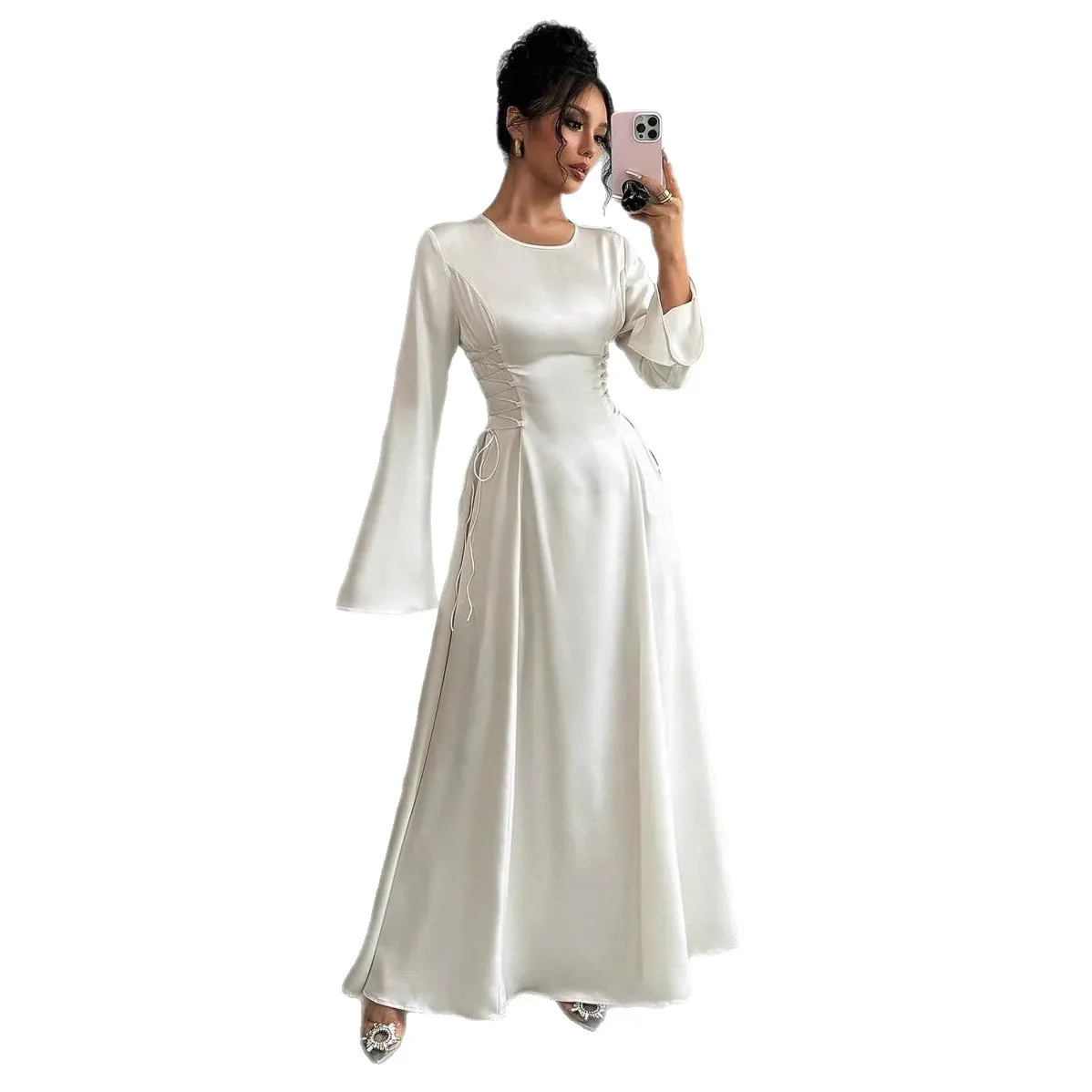 Women Dress Eid Vestidos Abaya Muslim Caftan Dresses Robe Lace Up Flare Sleeve Modest Jalabiya Ramadan Morocco Dubai Kaftan