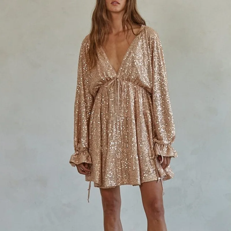 Sexy Deep V High Waist Short Dress Autumn Solid Color Loose Long Sleeved Party Dress Elegant Sequin Pleated Short Dress Vestidos