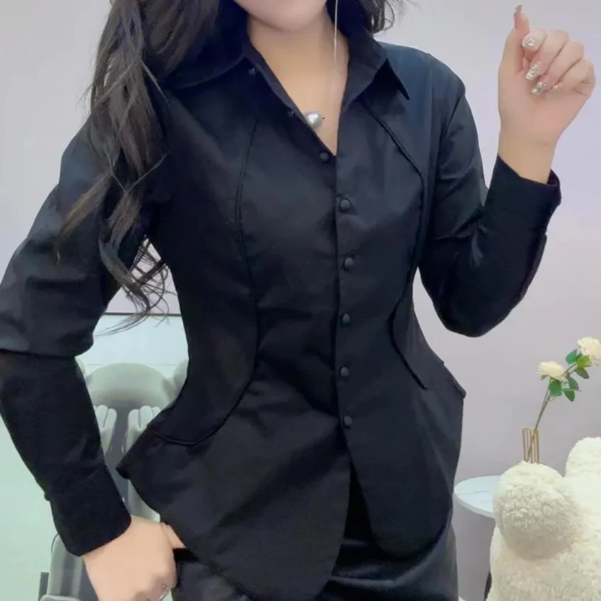 Spring 2026new Women's Line Decoration Waist Coat Slim Female Lapel Joker Solid Color Long Sleeve Ladies Short Shirt