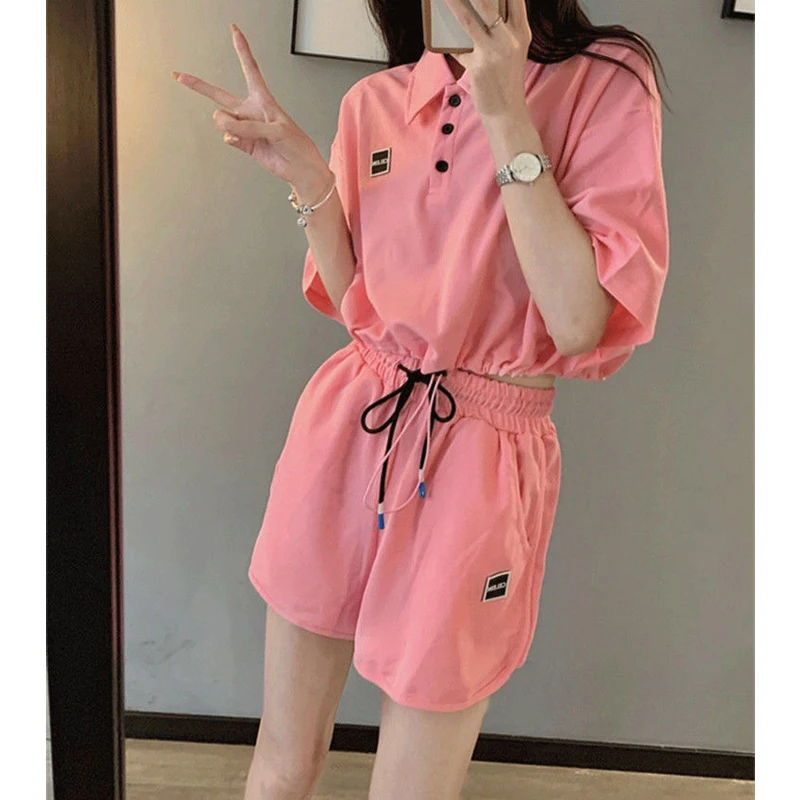 2 Piece Sets Women 2024 Summer Trendy Polo Collar Short Sleeve Sexy Crop Tops Y2K Female Solid Loose Sports Jogger Shorts Outfit