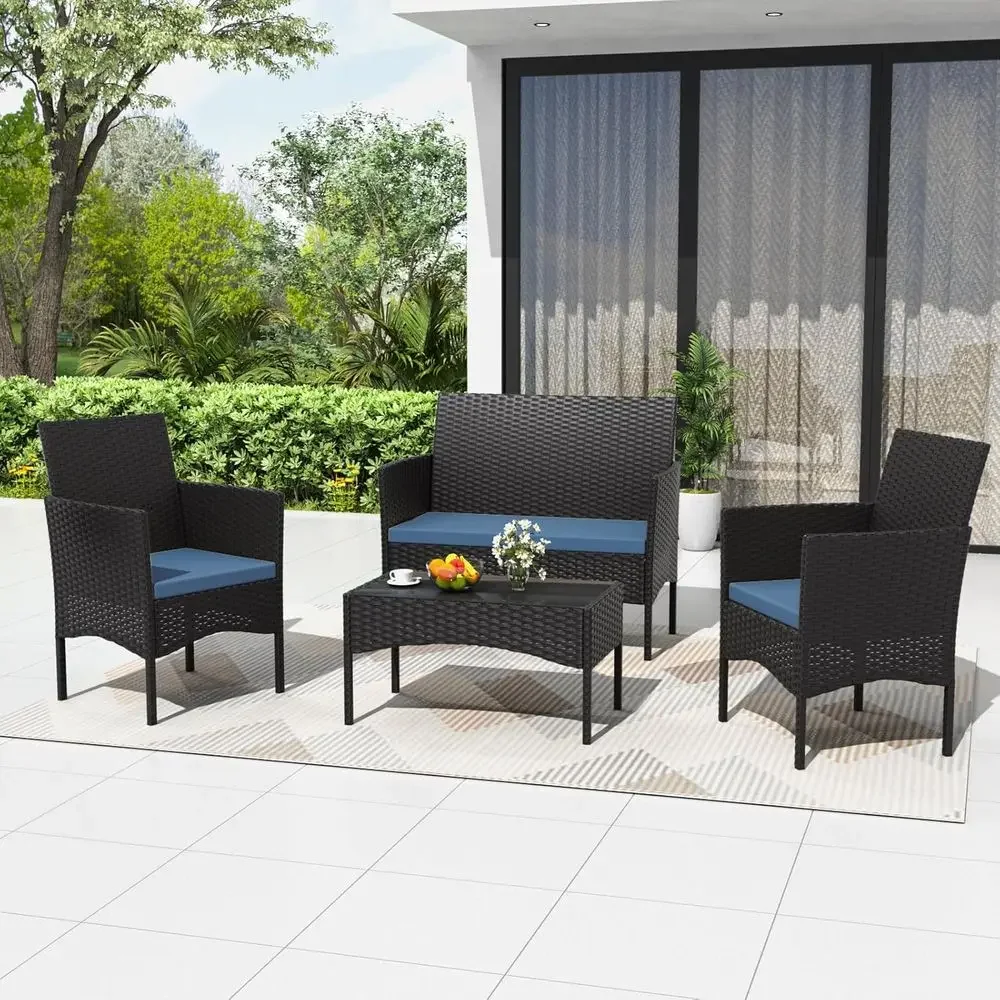 4-Piece Outdoor Wicker Patio Furniture Set with Tempered Glass Table for Comfortable Seating