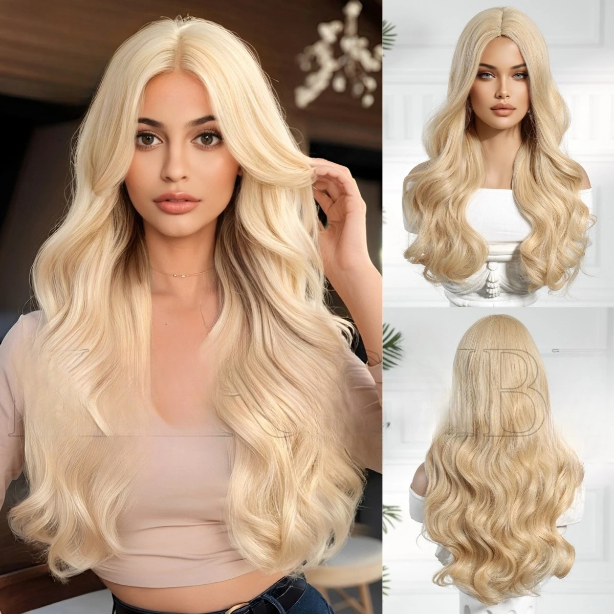 

Hot Sale Long Curly Wig Female Bangs Blonde Medium Wave European and American Chemical Fiber Wigs