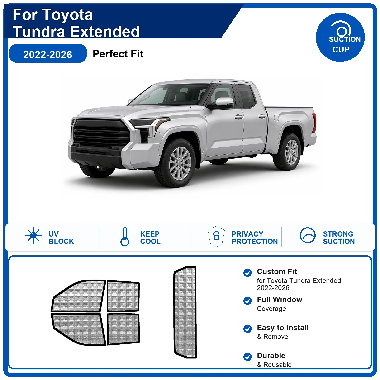 For Toyota Tundra Extended 2022-2026 Custom Full Set Windshield Sun Shade Aluminum Foil Heat Insulation Anti UV Foldable