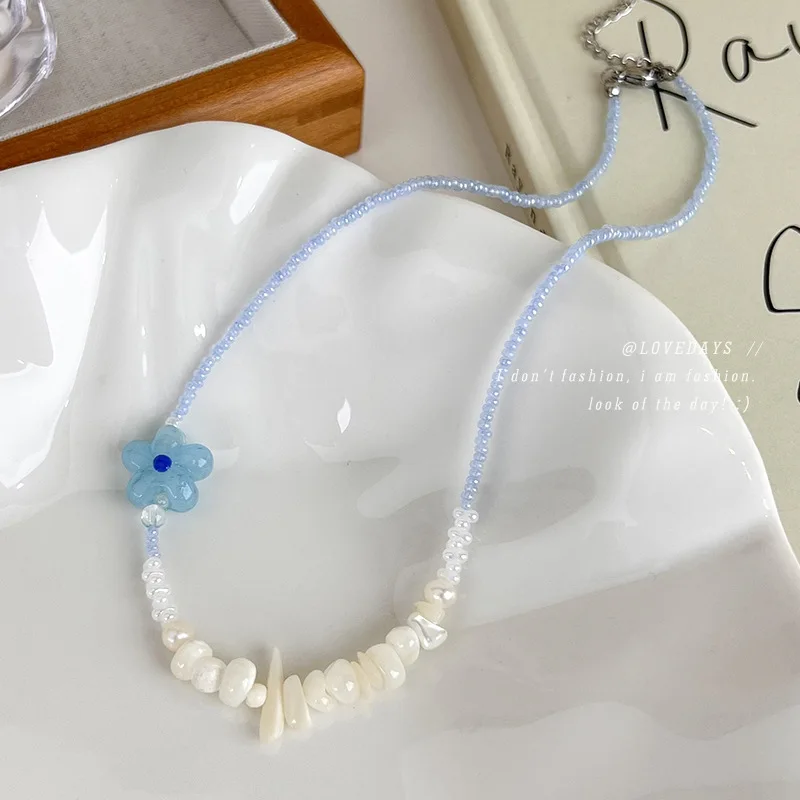 Beach Vacation Blue Shell Flower Pearl Beaded Choker Necklace for Women Sweet Island Girl Style Premium Lightweight Daily Wear