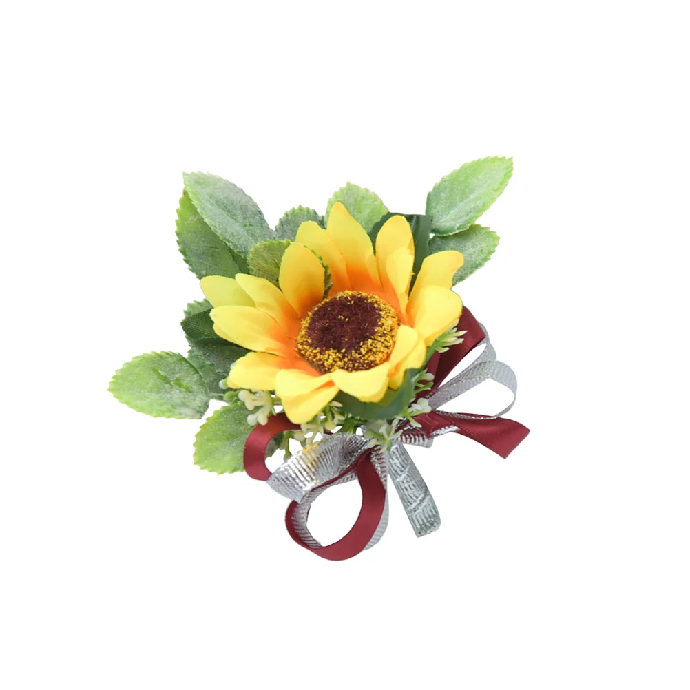 

1Pcs -Red Ribbon Sunflower Brooch Wedding Boutonniere Bridal Corsage Artificial Flower Pin Bride Groom Accessories