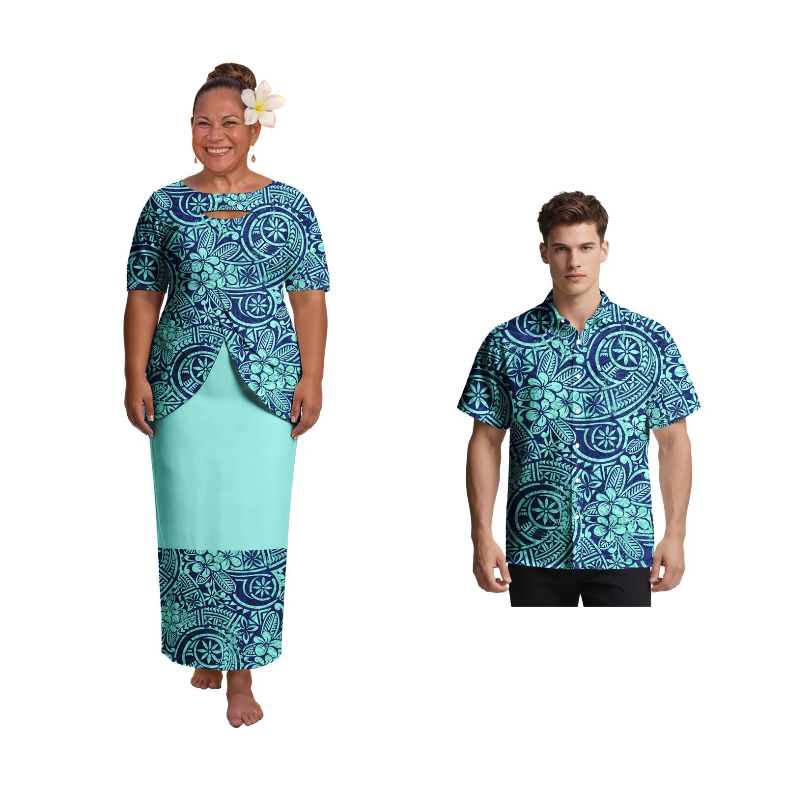 

His-and-Hers Clothes Hawaiian Double Layer Slit Top and Skirts Party Puletasi Polynesian Men Shirts Samoan Match Couple Outfits