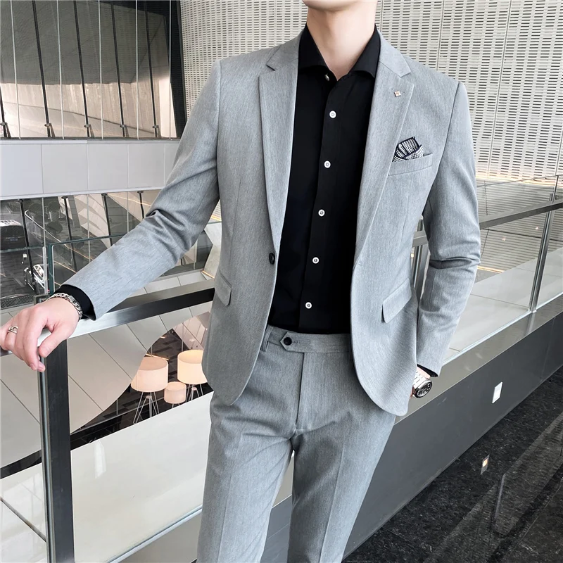 Suit Coat + Pants 2 Pcs Set Fashion New Men\'s High Quality Low Price Business Wedding Groom Pure Color Blazers Trousers 4XL 5XL