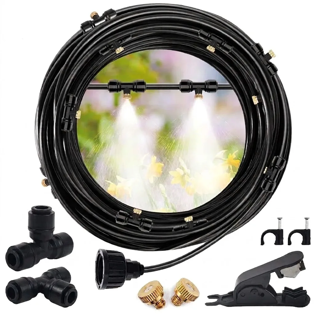 33FT Misting Line 12 Brass Mist Nozzles Outdoor Garden Sprayer DIY Nebulizer Cooling System For Patio Terrace Greenhouse Water
