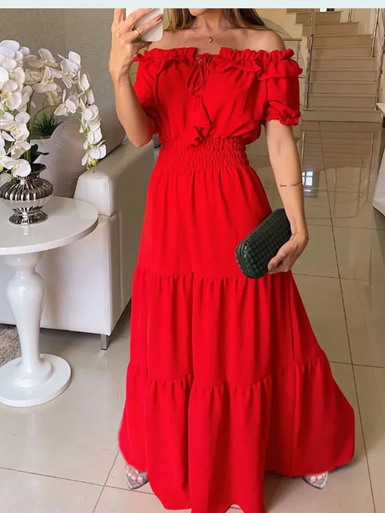 Um ombro manga curta boho vestido para mulheres primavera verão moda elegante cor sólida praia festa vestidos de cintura robe feminino