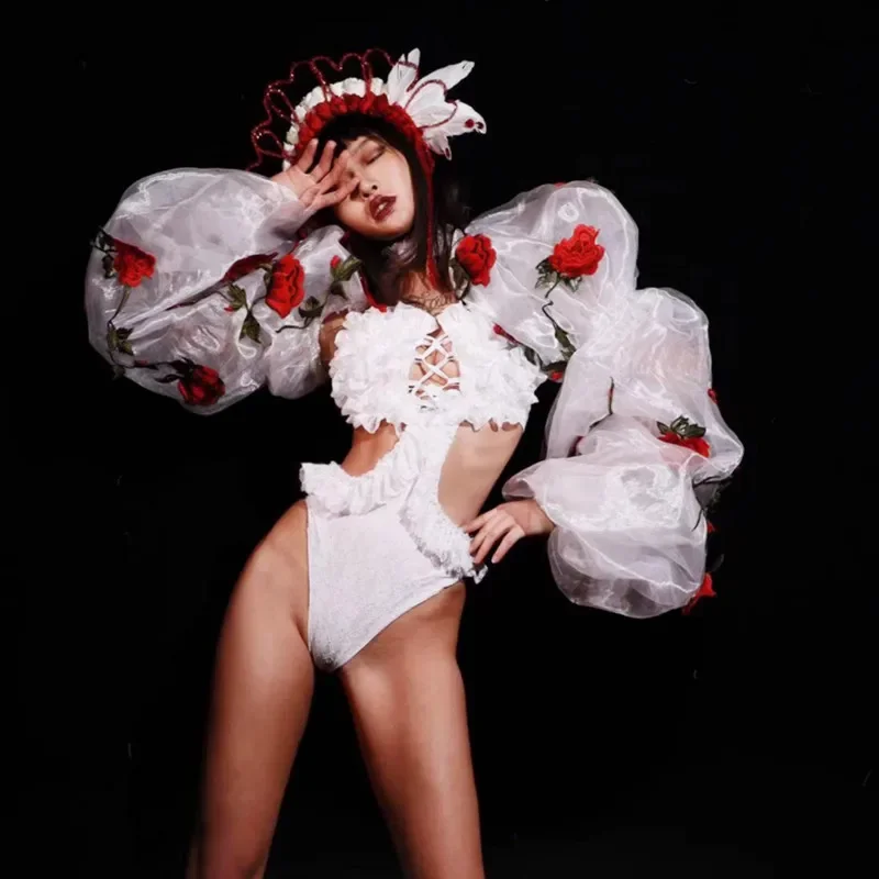 Kostium taneczny z bufiastymi rękawami i wycięciami, seksowny strój do klubu nocnego, dla tancerki gogo, na występy sceniczne, festiwal, rave.