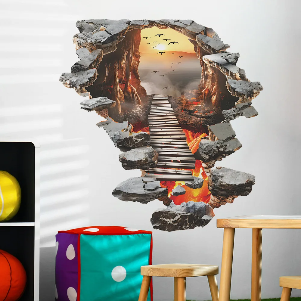 Autocollants de sol de pont de ULde vallée pour la décoration de la maison, décalcomanies d'art mural, mur cassé, 3D, chambre à coucher, salon, bricolage, paysage