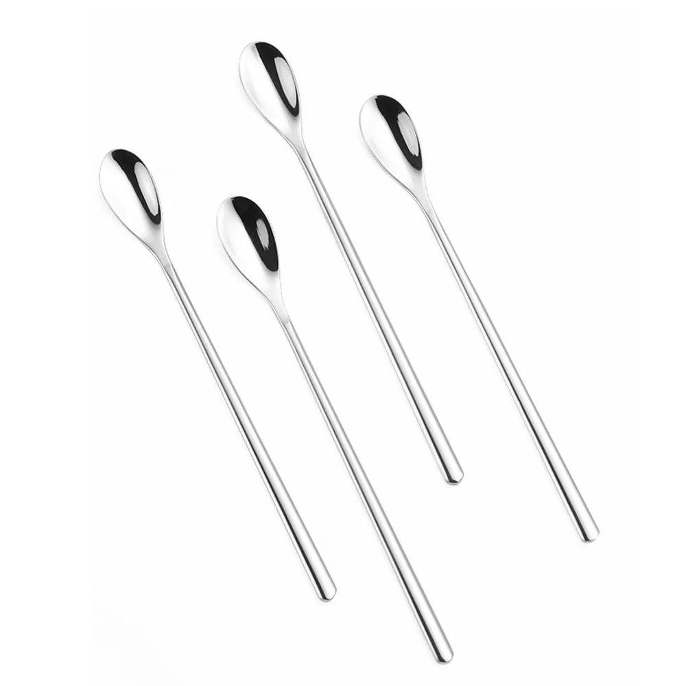 4Pcs Rustless Steel Mixing Spoon Polished Burr‑free Metal Spoon Thickened Elongated Handle Soup Mixing Utensil Food Preparation