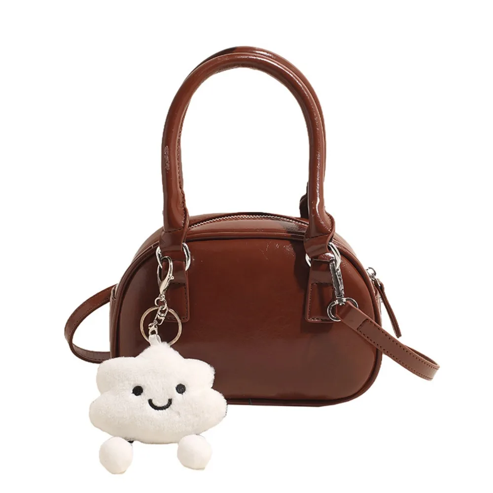 

Creative PU Vintage PU Handbag Cloud Pendant Small Pack Simple Bowling Bag Brown Solid Color Female Boston Bag Lady