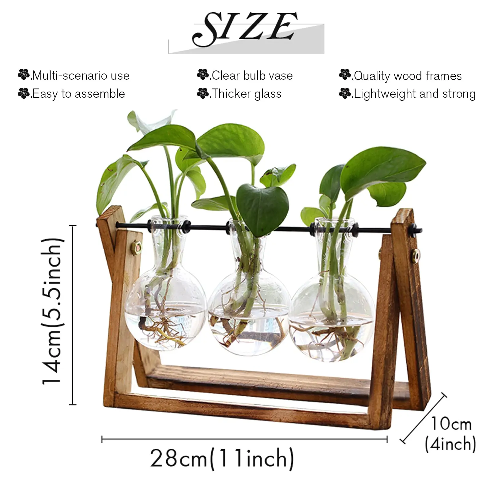 Terrarium Hydroponic Plant Vases with Wooden Stand Indoor Vintage Plant Flower Pot for Home Office Tabletop Desktop Decor