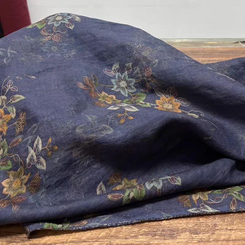 1yard High end pure flax tecidos fabrics for clothing Striped flowers printing telas shirt dress cheongsam fabric