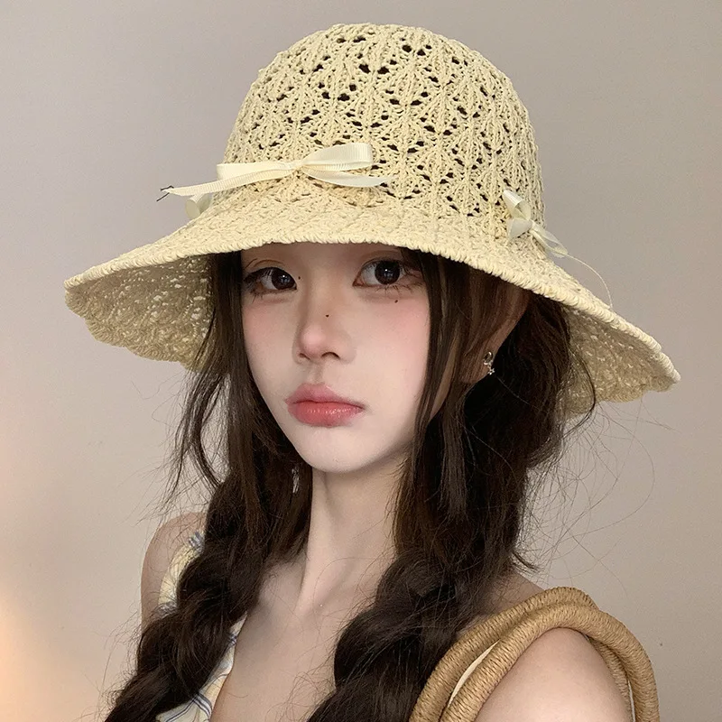 Farm-style Fisherman's Hat for Women, Summer Hollowed-Out Breathable Bowler Hat for Beach Vacation Sun Protection