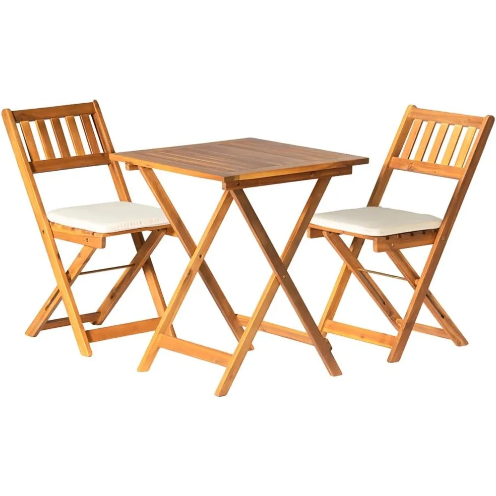 

3PCS Patio Bistro Set Acacia Wood Folding Table Chairs with Cushions Foldable Patio Furniture Set for Outdoor Garden Deck Yard