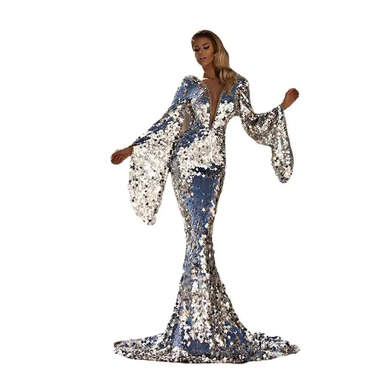 Nowa seksowna srebrna sukienka balowa z cekinami dla kobiet na eBay, z drapowaniem, z wysokim stanem, długa tiulowa spódnica na wieczór, 2024