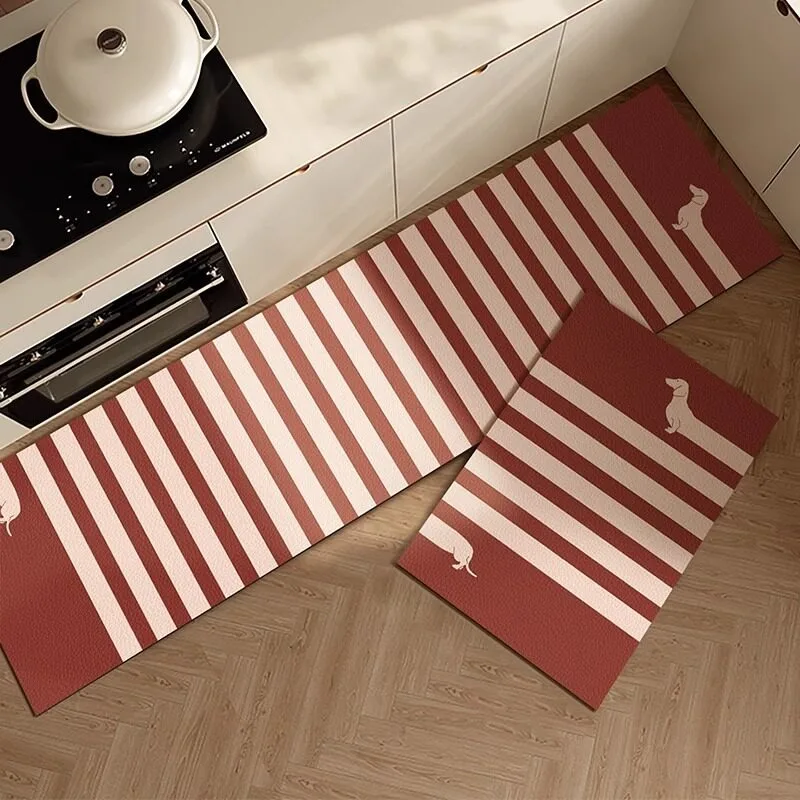 Striped Puppy Red White PVC Leather Rug Waterproof Oil-proof Stain-resistant Kitchen Carpet Large Area Non-slip Floor Mats Ковер