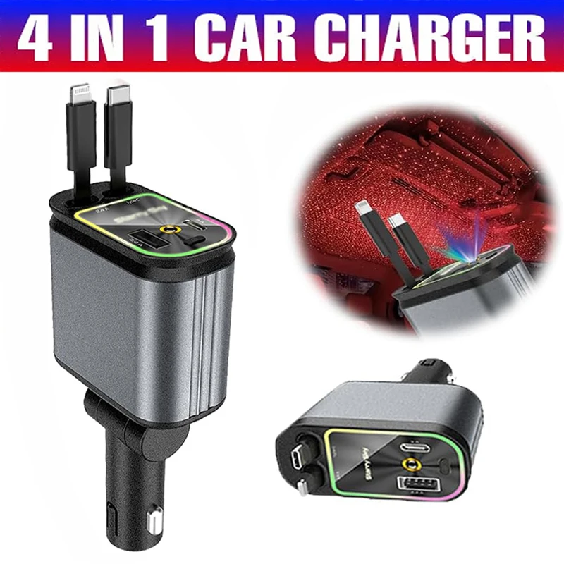 4 in 1 Retractable Starlight Roof Car Charger 100w USB Type C Dual Cable Fast Car Charging Adapter for iPhone Huawei Xiaomi etc