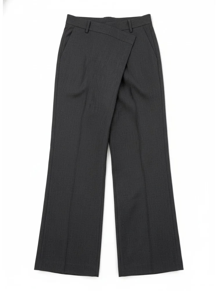 미수오 2026 신상 여성 와이드 레그 테일러드 팬츠 다크 그레이 랩 웨이스트 비즈니스 캐주얼 럭셔리 워크웨어 팬츠 비대칭 바텀