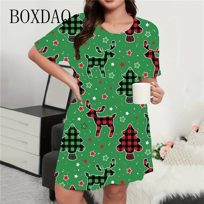 Cartoon Christmas Tree Print Dress For Women Fashion Short Sleeve Loose A-Line Dress Casual Christmas Party Evening Mini Dresses