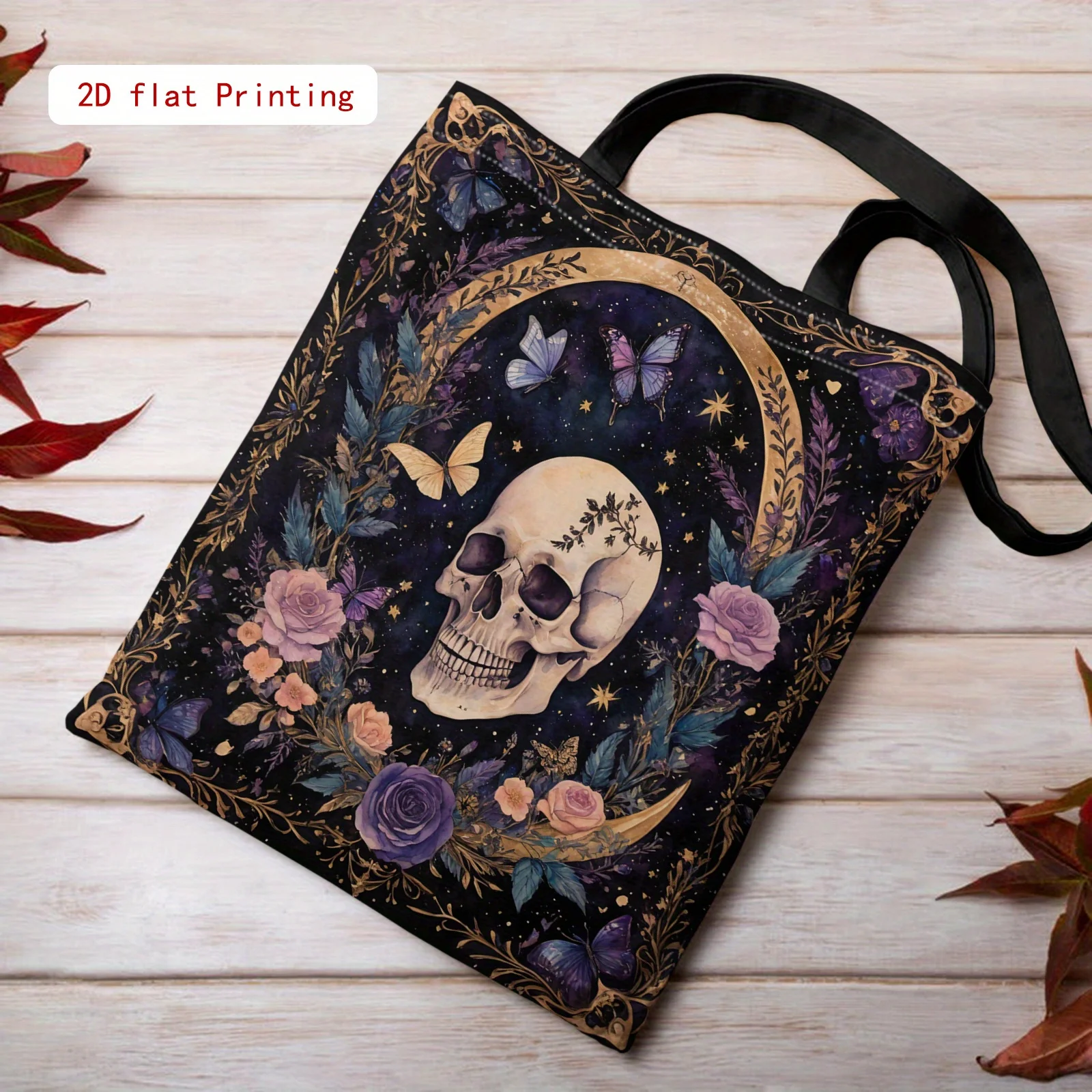 Gothic-Einkaufstasche für Damen – offene Geldbörse mit großem Fassungsvermögen, elegantem Totenkopf- und Blumenmuster (lila/schwarz/golden/) – Detail 1