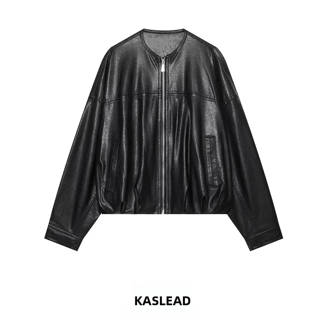 KASLEAD Women's Leather Effect Bubble Sleeve Pilot Jacket Coat Short Zipper Closure Long Sleeve Polyester Fiber Autumn New