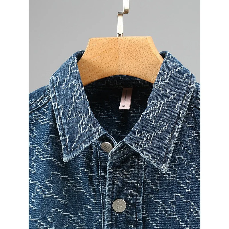 15oz Heavyweight Computer Floral Jacquard Woven Denim Shirts for Men Spring Long Sleeve Fashion Casual Coats 24SS Y2k Youth Male