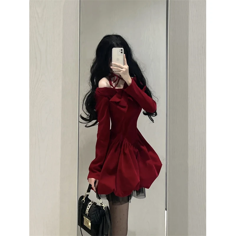 MEXZT Vintage Bow Mini Dress Women Y2K Sexy Slash Neck Red Velvet Dresses Winter Kawaii Christmas Party Bodycon A Line Vestidos