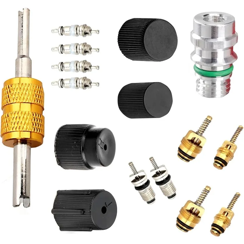 16PCS R134a Car AC Valve Core Repair Kit with Dual Head Remover Tool Universal Air Conditioning Set with Dust Caps