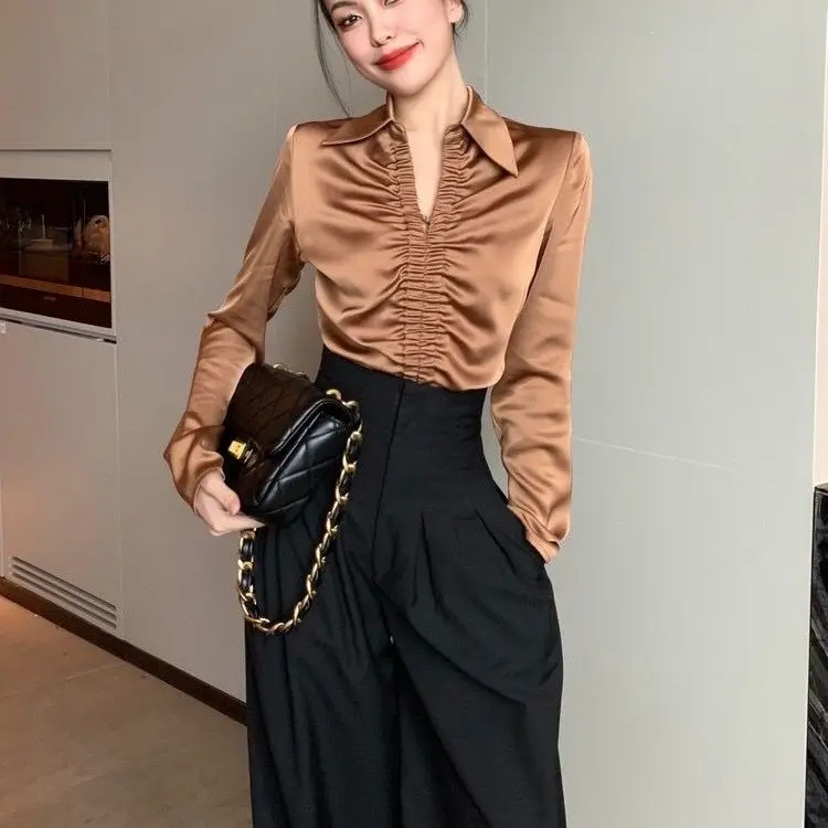 Elegant French Style Polo Collar Ruffle Trimmed Waist-Defined Shirt Women 2026 Spring Autumn High-End Unique Top
