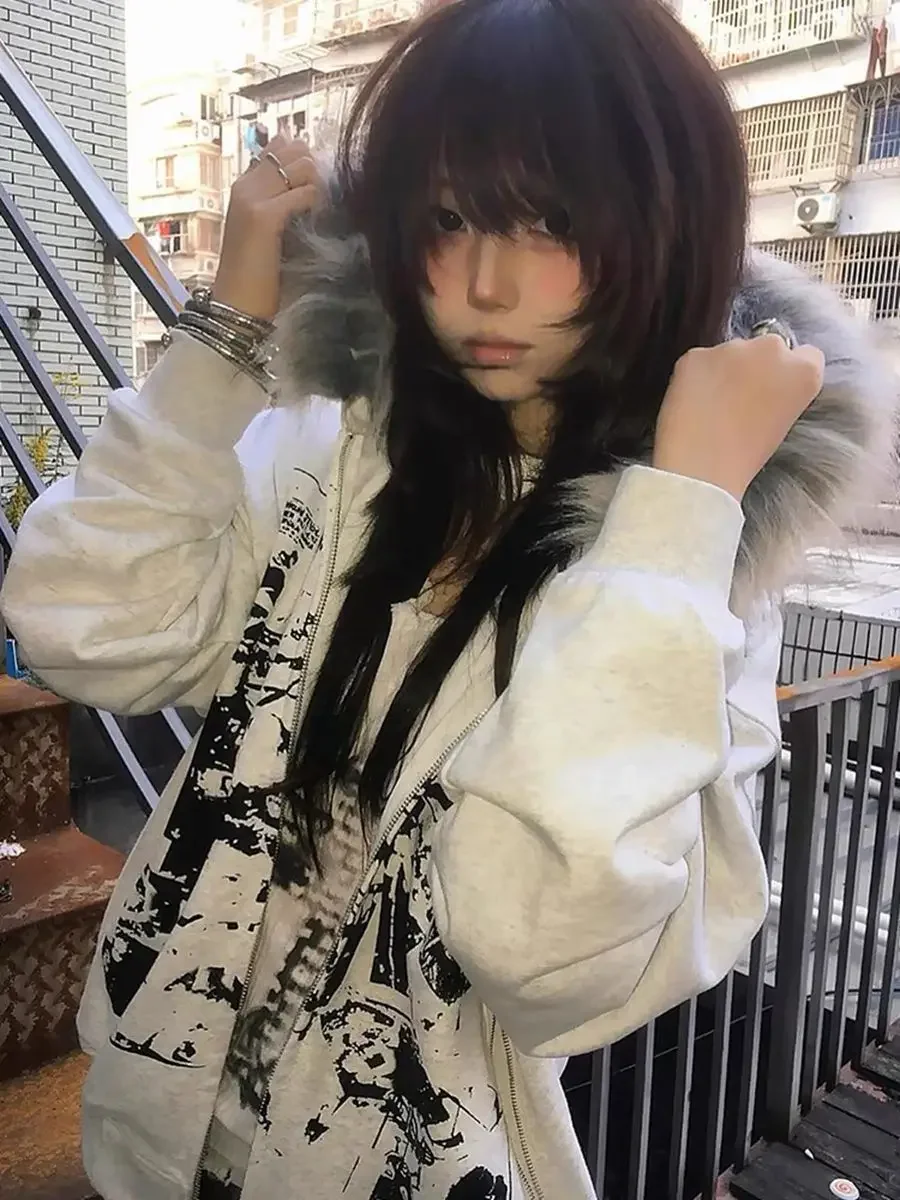 Subculture Gothic Sweatshirts Female Outwear Harajuku Coats 2000s American Vintage Printed Jacket with Hooded Women Long Sleeve