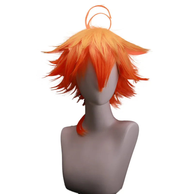 エマのオレンジとイエローのグラデーションふわふわショートウィッグコスプレ用高温ファイバー