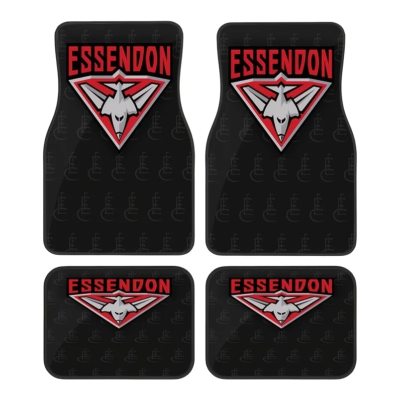 4pcs AFL Essendon Style Car Rubber Mats, Universal Anti-Slip Carpet, Easy-to-Clean Interior Accessories, Synthetic Rubber Materi
