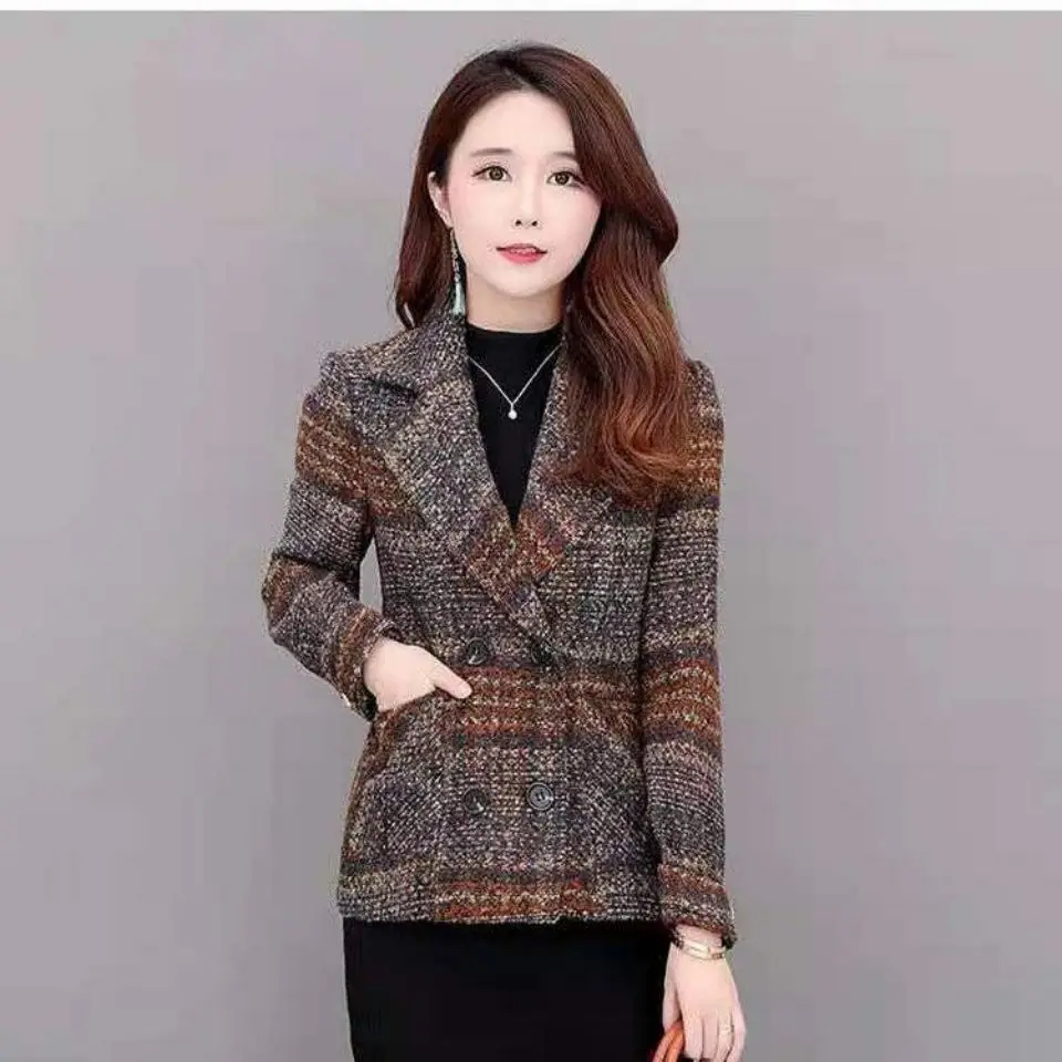 Algodão retro xadrez acolchoado misturas jaqueta mulher meio tweed lã mistura casaco para mulher curto outono quente novidade outerwears na moda