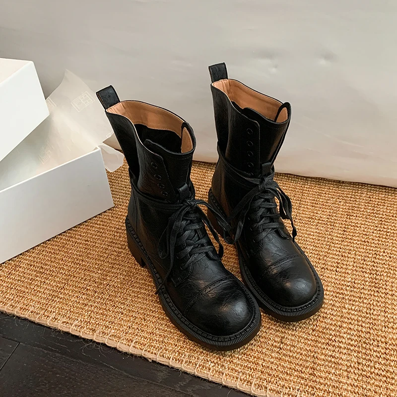 Retro Cross-tied Women Motorcycle Boots Round Toe Thick Heels Platform Ladies Ankle Boots Autumn Winter New Female High Shoes