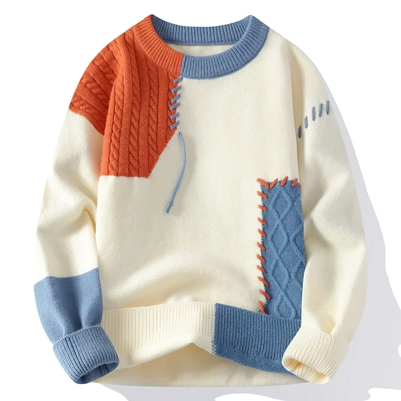 Men Knitted Jumpers Patchwork Sweater O Neck Pullovers Spliced Long Sleeve Jumper Slight Strech Standard Wool 2024 Casual