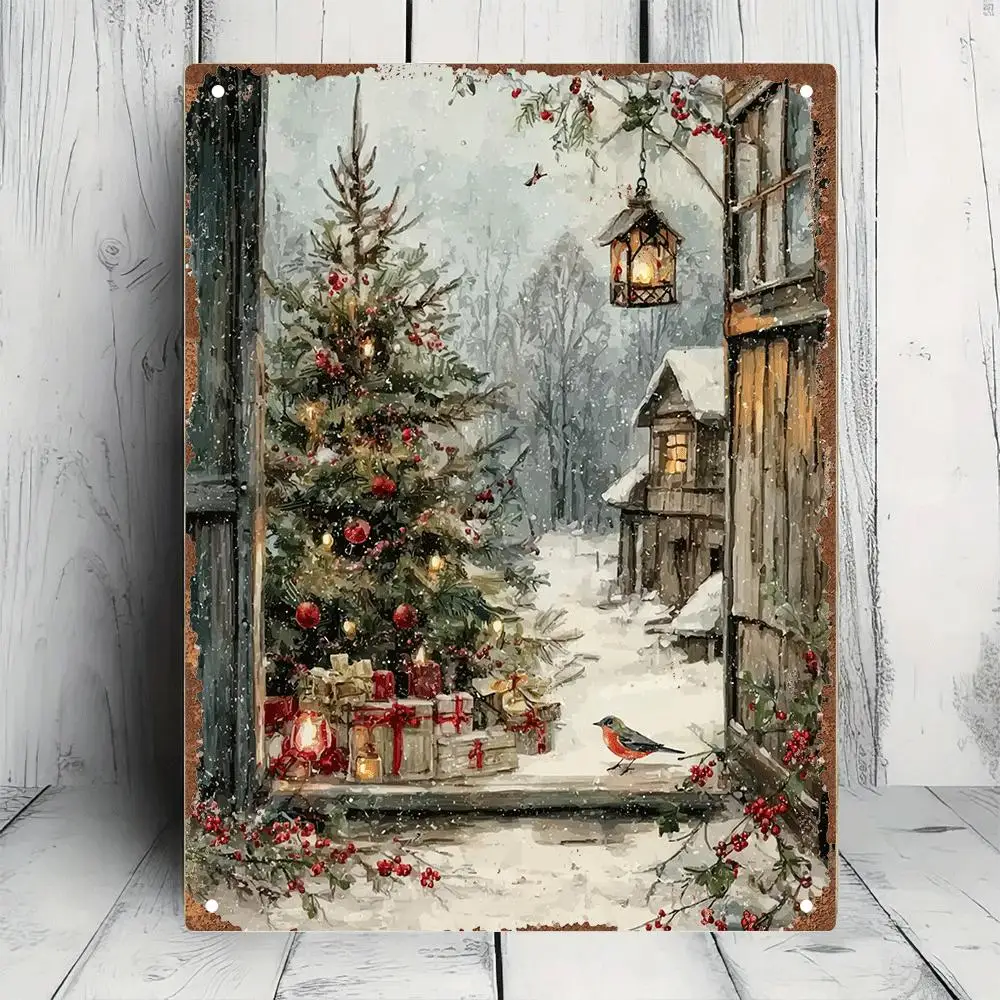 2D Flat, 1pc Vintage Rustic Christmas Tree Metal Wall Decor - Tin Sign with Snowy Village Scene, Presents & Cardinal Bird - P