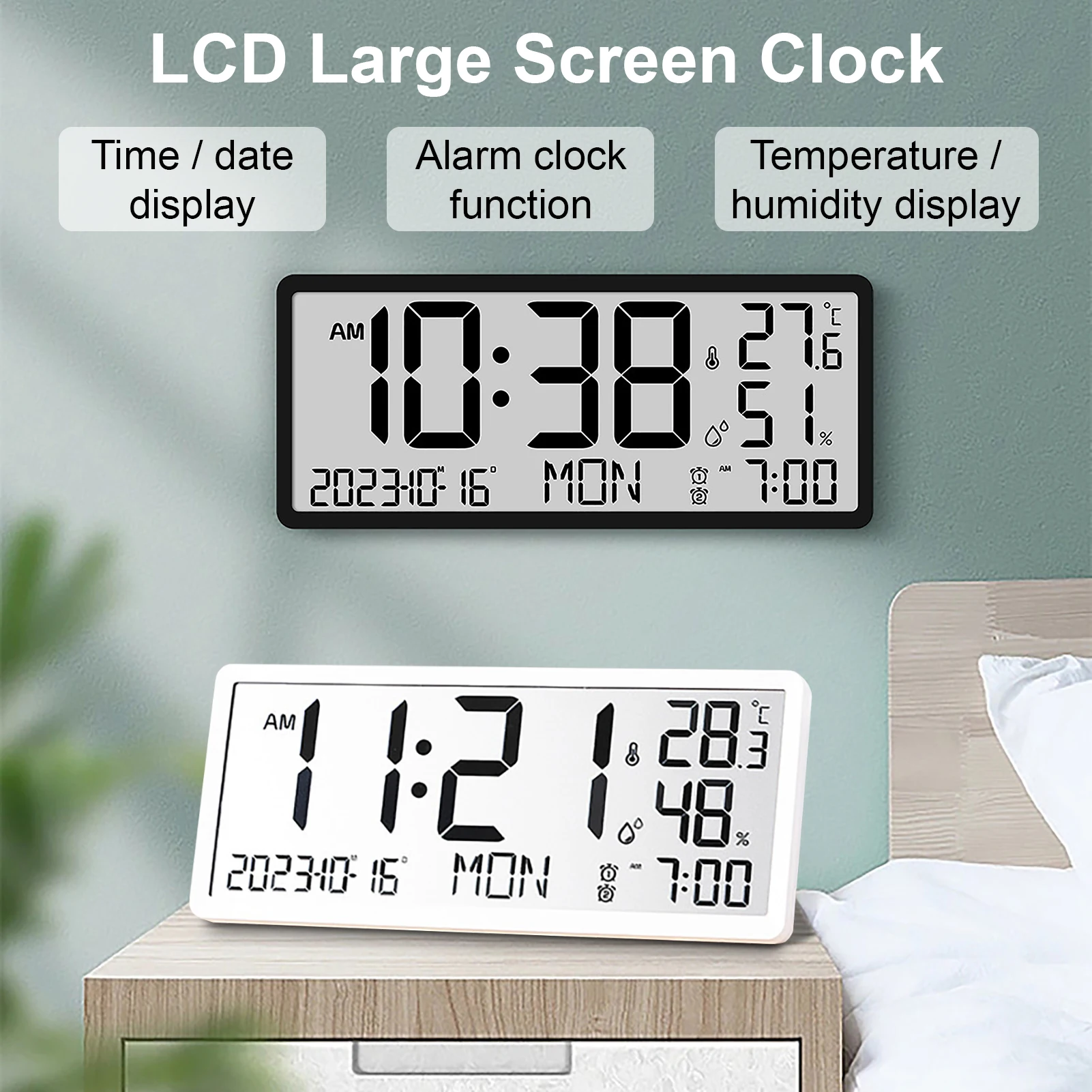 Large Digital Wall Clock Temp Humidity Date Week Display Table Clock Sitting And Hanging Dual Use Stylish Electronic Alarm Clock